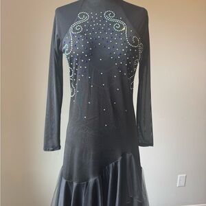 Rhythm Latin Black Long Sleeve Dress with Rhinestone Accents